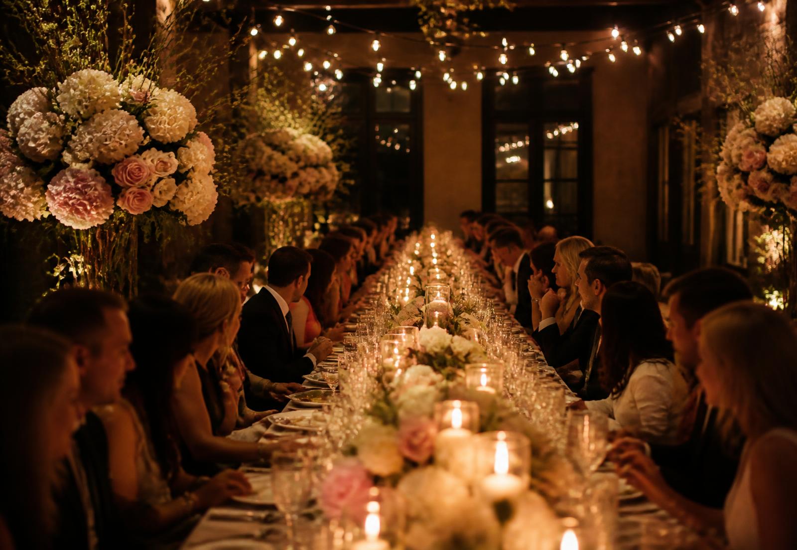 Candlelit intimate wedding reception with a long table of guests